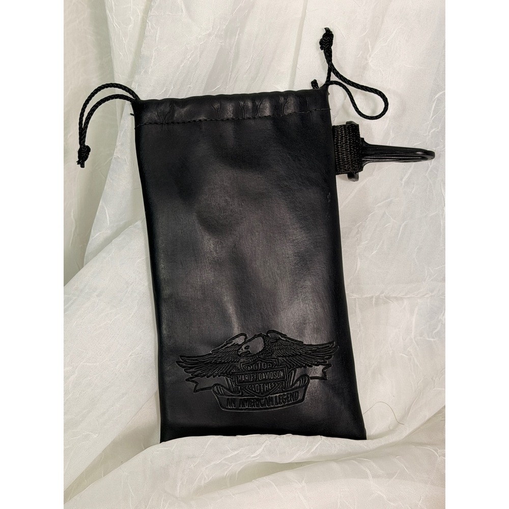 Harley-Davidson Black Leather Drawstring Eyewear Pouch Embossed Eagle Logo Clip